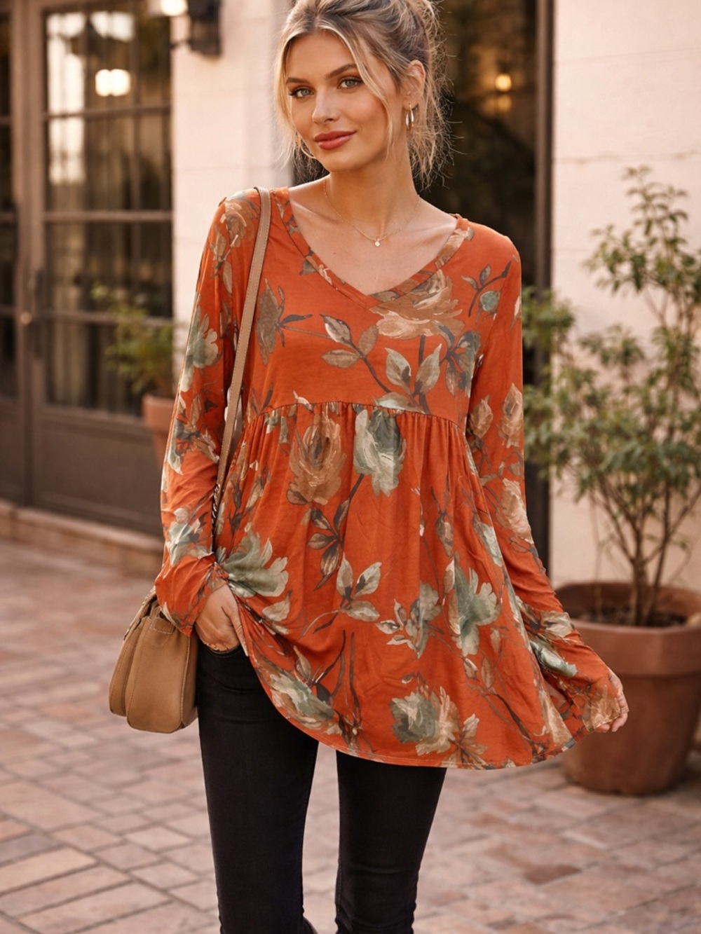 Sew In Love Floral Babydoll Tunic Top Rust Orange Boho Small NWOT A9